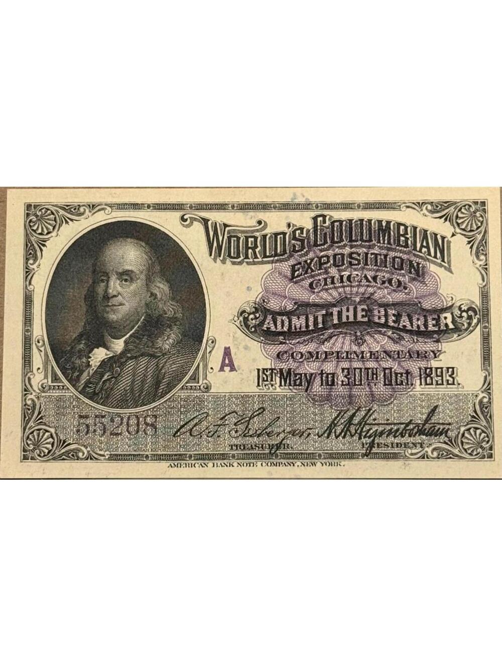 1893 Chicago World Fair Colombian Exposition Admission Ticket Benjamin Franklin